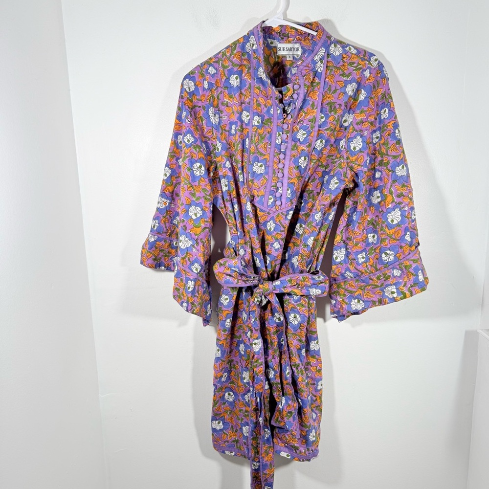 Sue Sartor Purple Orange Floral Button Front Belted Bell Sleeve Mini Dress Small